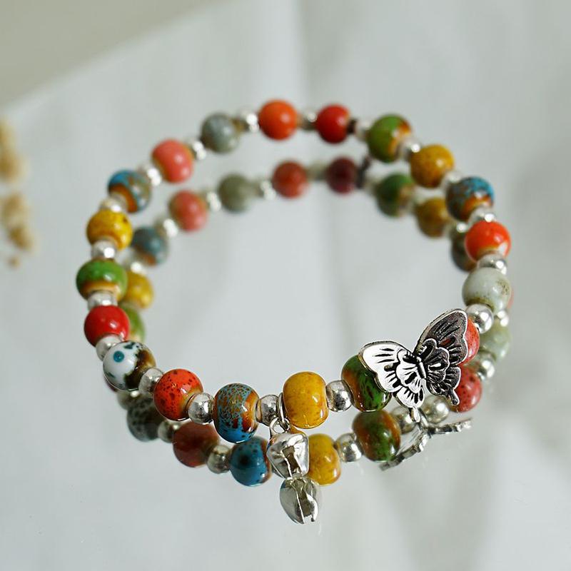 Vintage Multicolor Ceramic Beaded Bracelet For Women Girls Colorful Woven Butterfly Beaded Bracelet Jewelry Accessories Gifts