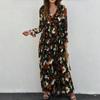 Elegant Loose Printing Long Dresses Spring Women V Neck Pullover Long Sleeves Dress High Waist Casual Ankle Length Dress