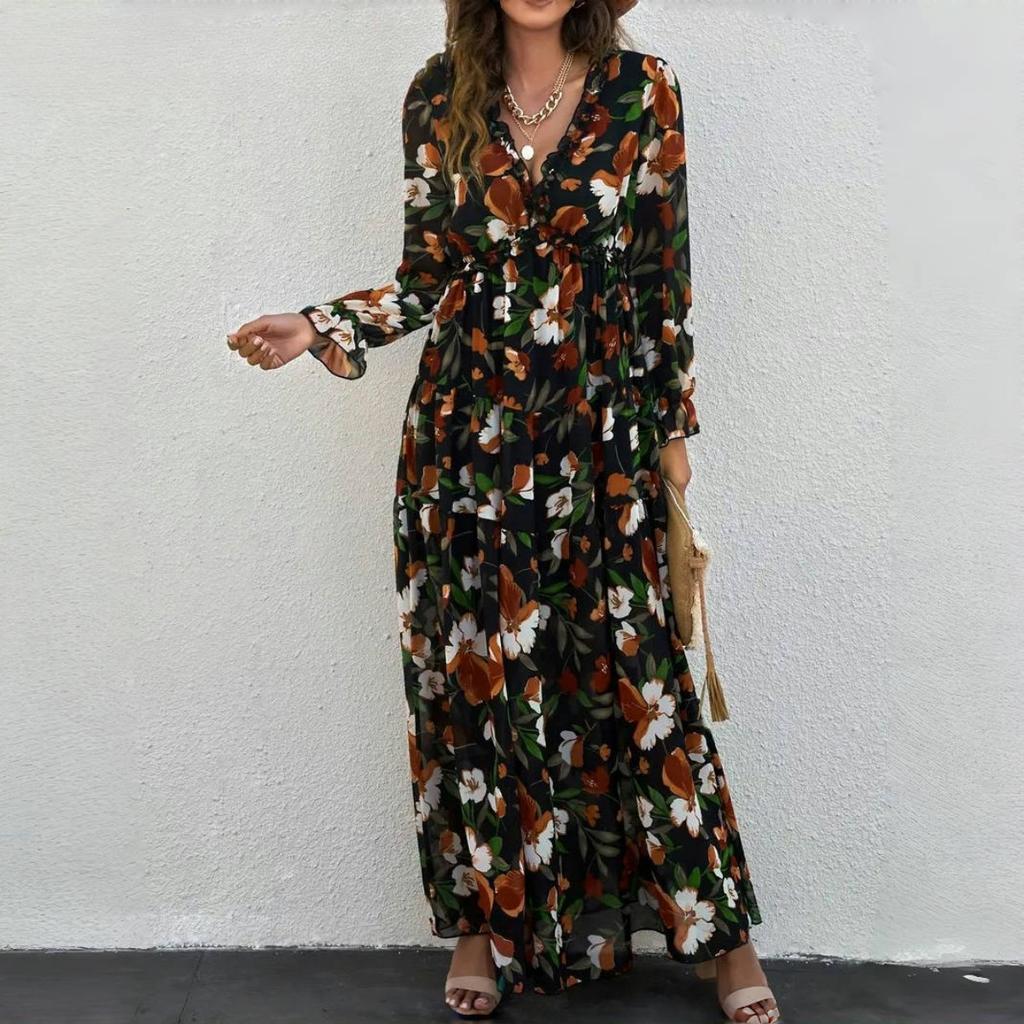 Elegant Loose Printing Long Dresses Spring Women V Neck Pullover Long Sleeves Dress High Waist Casual Ankle Length Dress