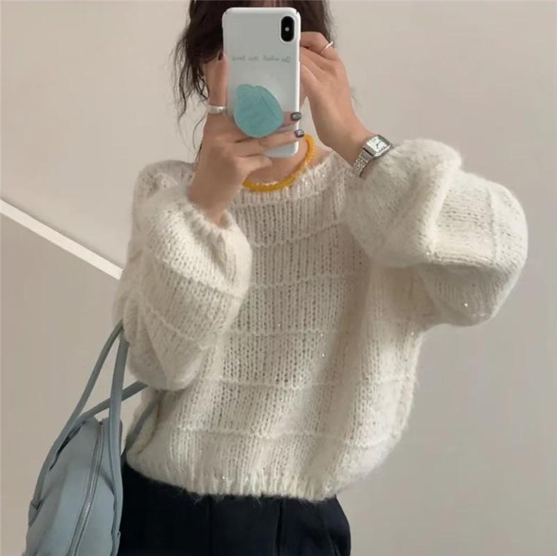 

Korean High-End Loose Fit Round Neck Solid Color Long Sleeve Knit Sweater for Women One Size белый