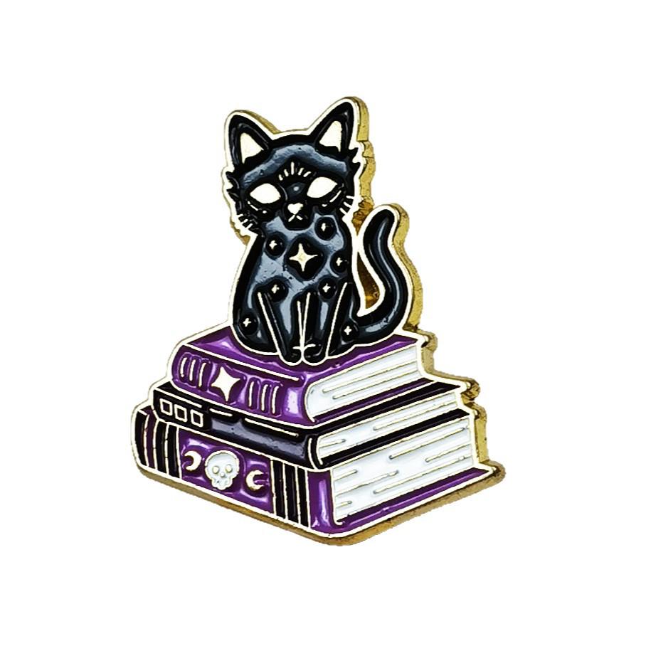 Halloween Black Cat & Purple Book Brooch for Kids - Festival Metal Badge Accessory
