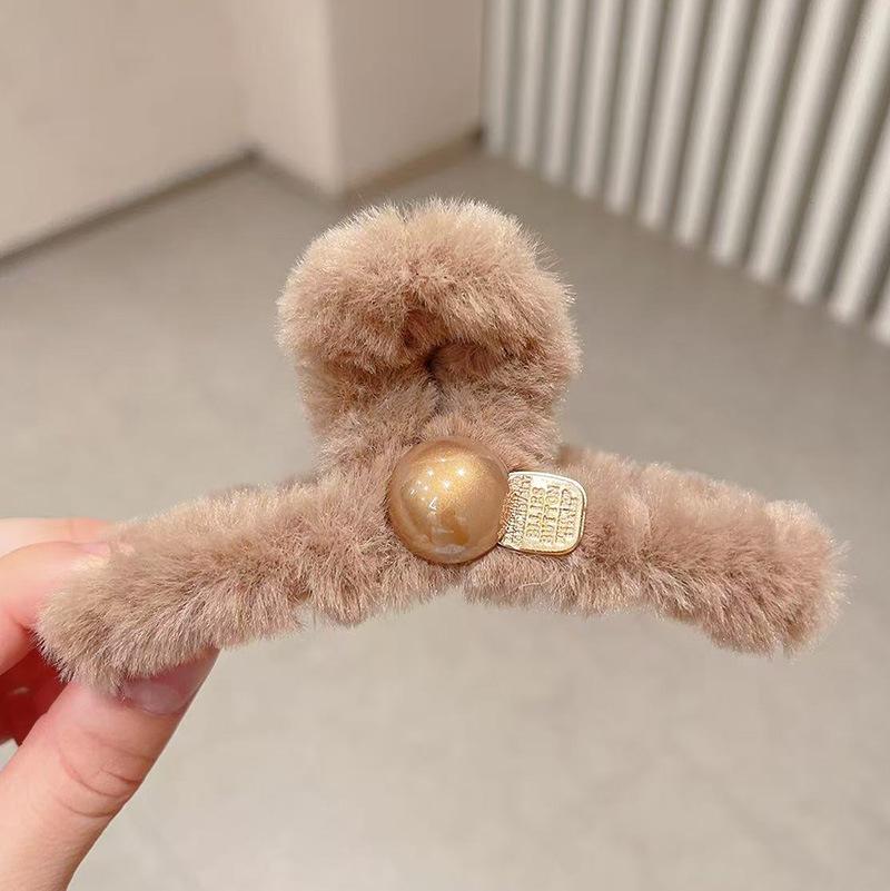 2025 New Year Red Plush Pearl Claw Clip - Stylish Women's Shark Hairpin Accessory for Buns and Hair Styling
