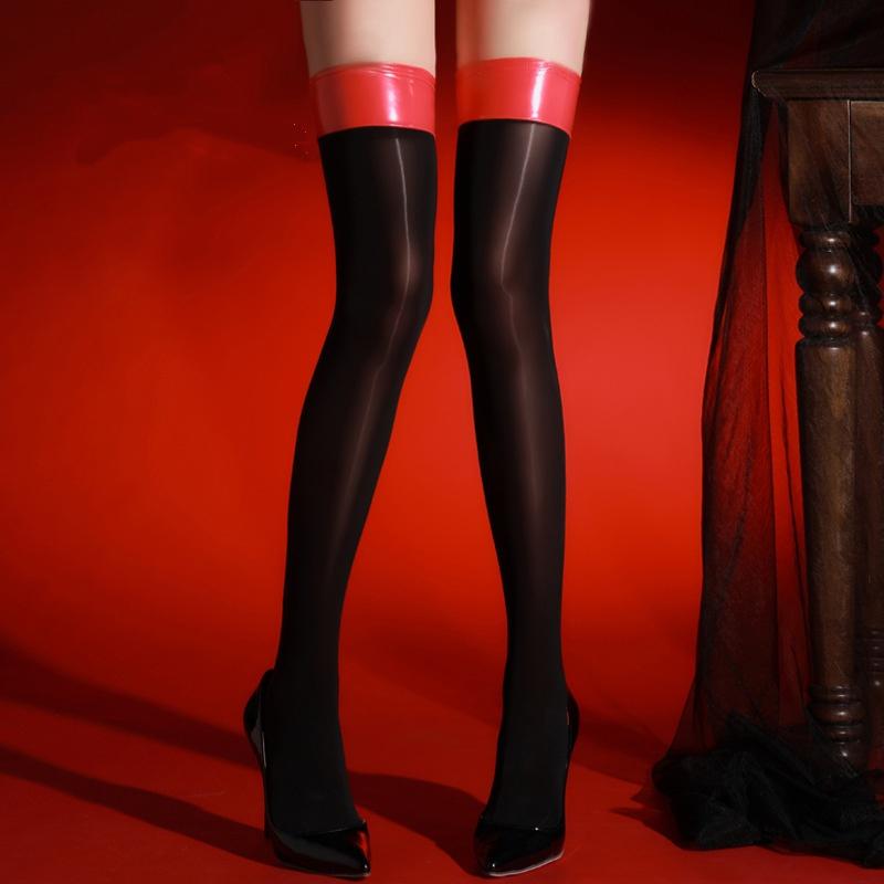 Sexy Women 8D Smooth Oil Shiny High Stockings Vintage Glossy Maid Tights Shaping Elastic Pu Patchwork Overknee Stockings