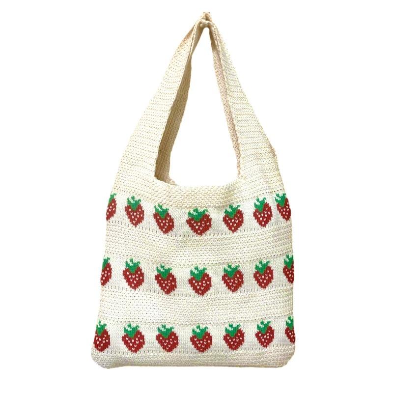 Popular tote bag strawberry pattern knitted crochet bag durable large capacity women's handbag
