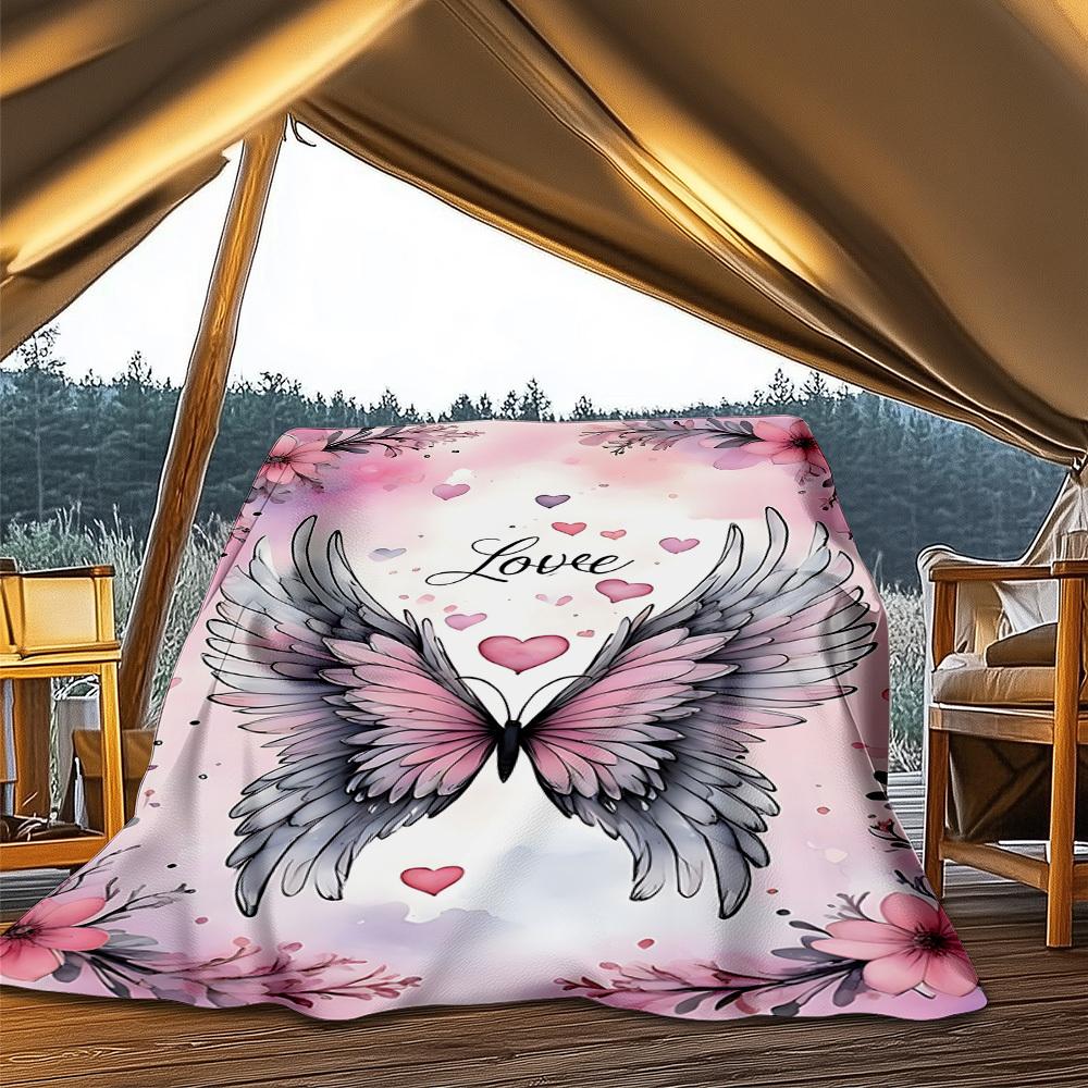 1pc Angel Wings Heart Love Outdoor Flannel Blanket , Machine Washable Perfect Gift for Birthday , Holiday Travel Accessory , Durable Material