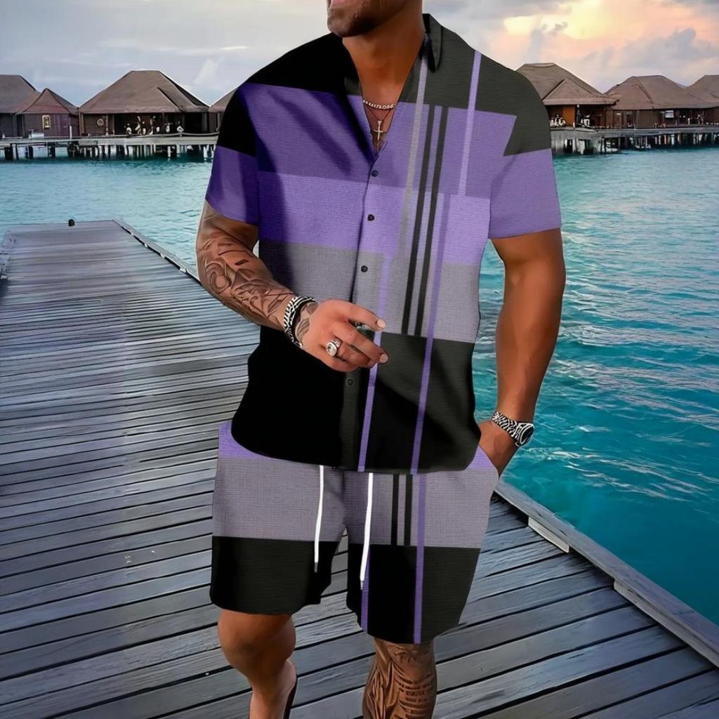 Traje Retro para Hombre Rayas Verano Exterior Manga Corta Moda Pantalones Cortos Casuales Simple Hawái Conjunto de 2 Piezas Ropa Oversize para Hombre