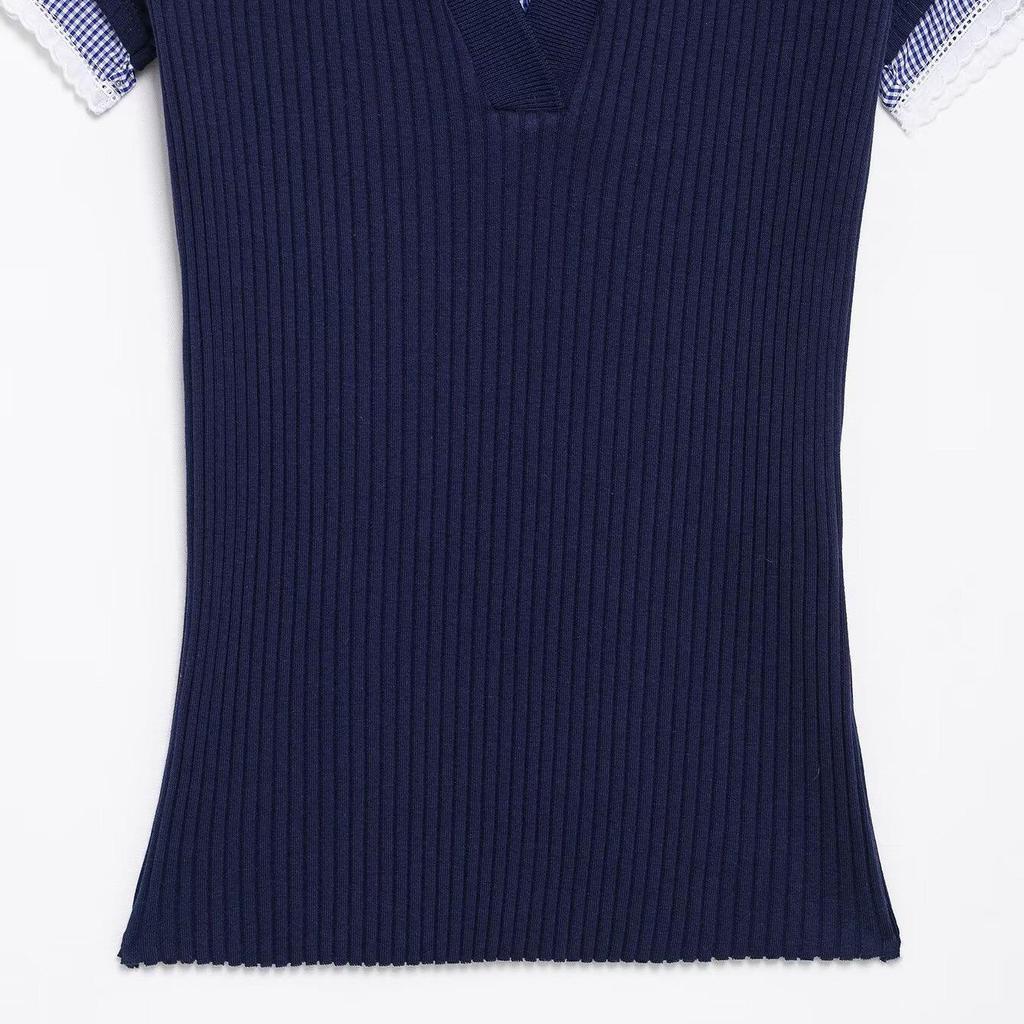 2025 Summer French Retro Color Block Polo Knit Shirt