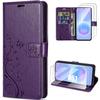 Funda para Samsung Galaxy A57 5G, Cuero PU Morado Oscuro con Patrón de Mariposas y Flores - 2 Cristales Templados