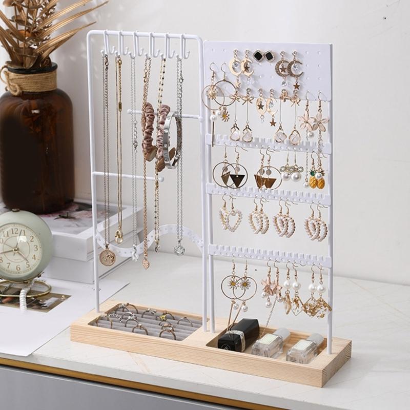 Elegant Jewelry Display Stand Multitier Necklace Holder and Sturdy Earring Organizers with Natural Wood Base Designs