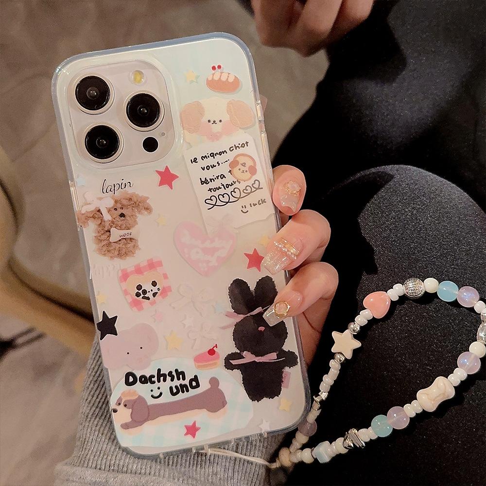 Double Layer Cute Little Animal Iphone15 with Hanging Chain 13promax Suitable for 16 Apple 14 Mobile Phone Case 11 Korean
