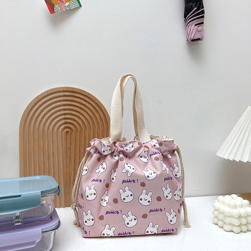 Cartoon Portable Lunch Drawstring Bag Student Kids Bento Pouch Dinner Box Women Work Canvas Food Tote For Travel Picnic
