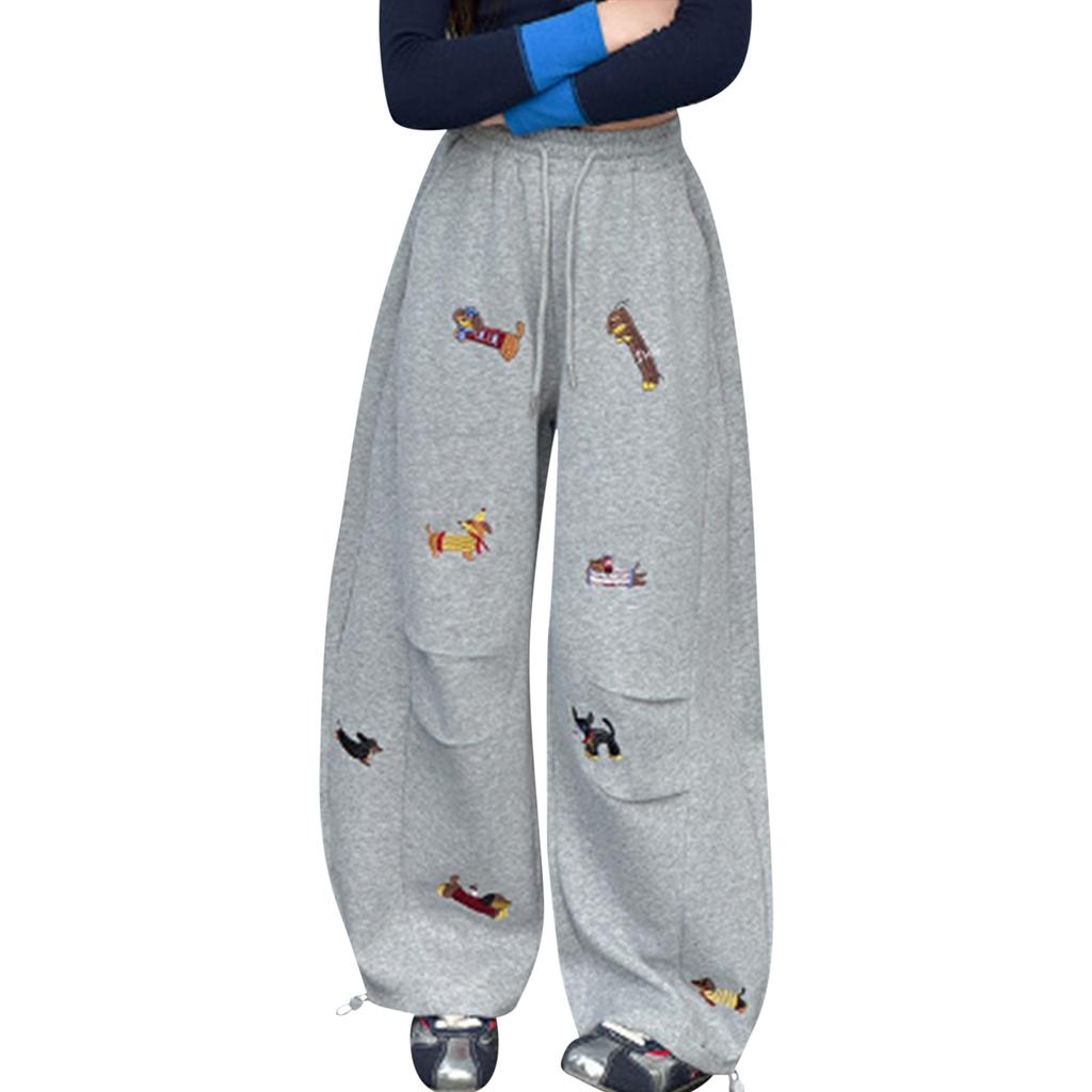 Children's Embroidered Puppy Loose,Fit Bucket,Shaped Sweatpants Casual Elastic Waist Drawstring Unisex Wide,Leg Pants Long Trousers Sweatpants