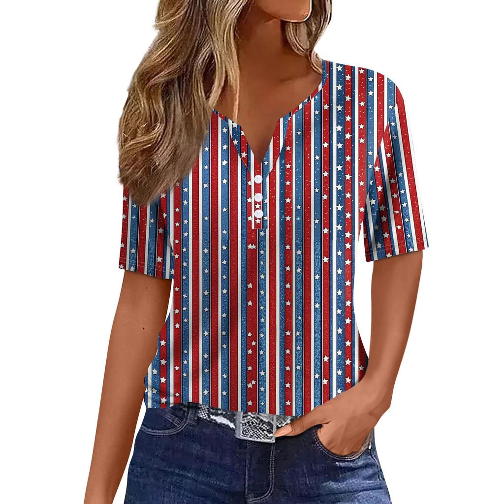 Women's T Shirt Tee Independence Day Print Button Short Sleeve Daily Weekend Fashion Basic V-Neck Regular Top