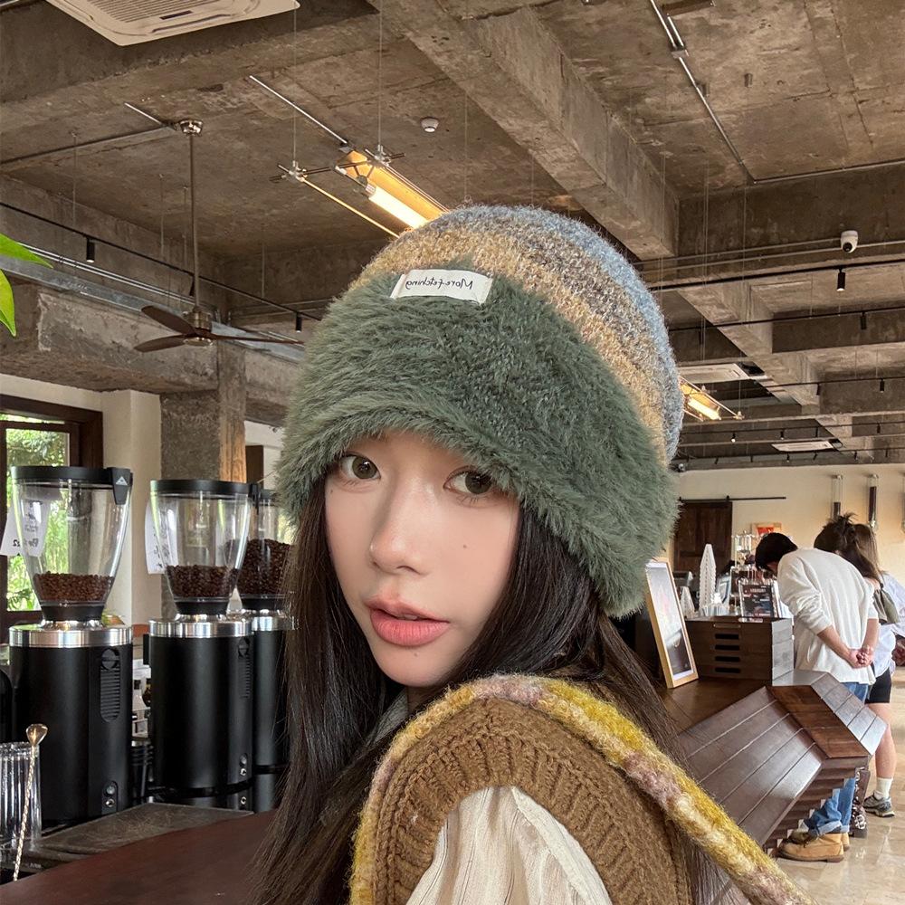 Women's Fashion Autumn and Winter Warm Wool Hat Versatile Ear Protector Big Head Circumference Knitted Hat Rainbow Color Matching Pile Hat