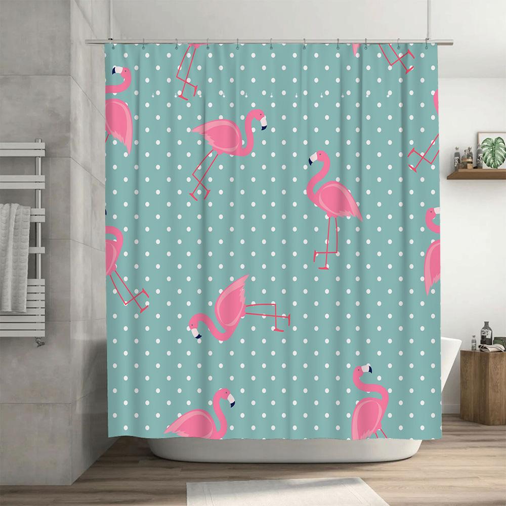 Vintage Flamingo Print Shower Curtain for Bathroom Decor Mint Green with White Polka Dots Pink Birds Pattern 180x245cm Bath Fabr