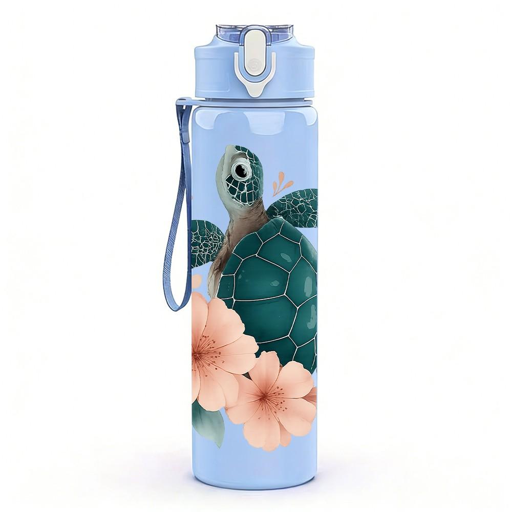 1 Stück Florales Meeresschildkröten-Print 750ml Farbe Kunststoff Sport-Wasserflasche Auslaufsicher Klappdeckel mit Strohhalm Geeignet für Sport Büro Heimgebrauch