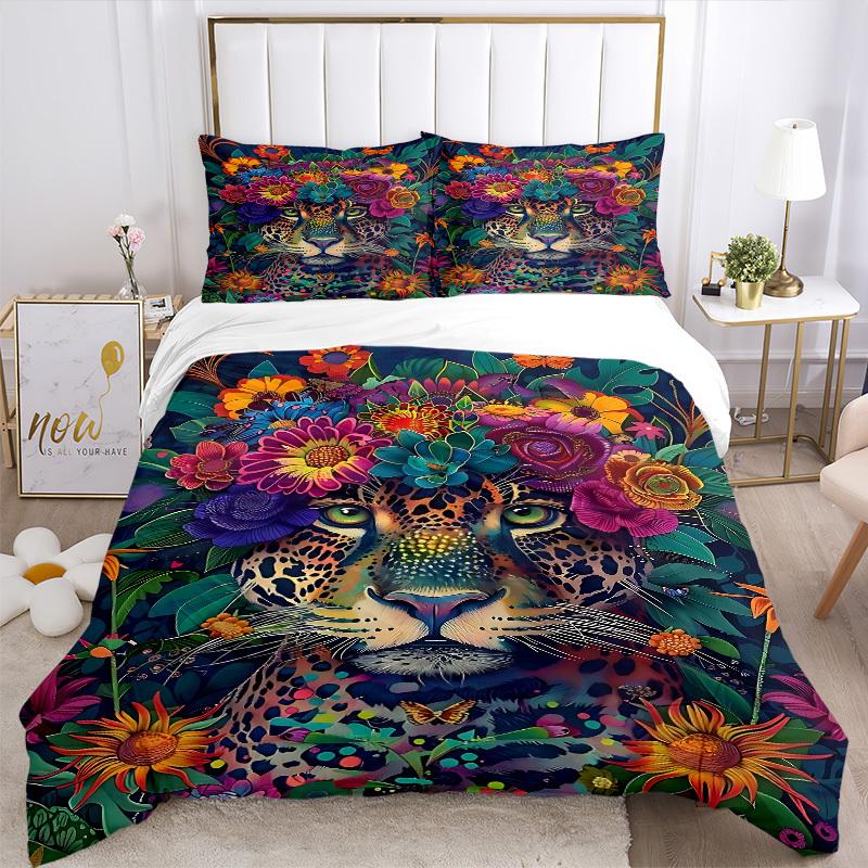 3PCs Leopard Floral Print Design Cover Set, Breathable Fabric, Machine Washable (1 Duvet Cover + 2 Pillowcases) (Without Quilt) yy250911094