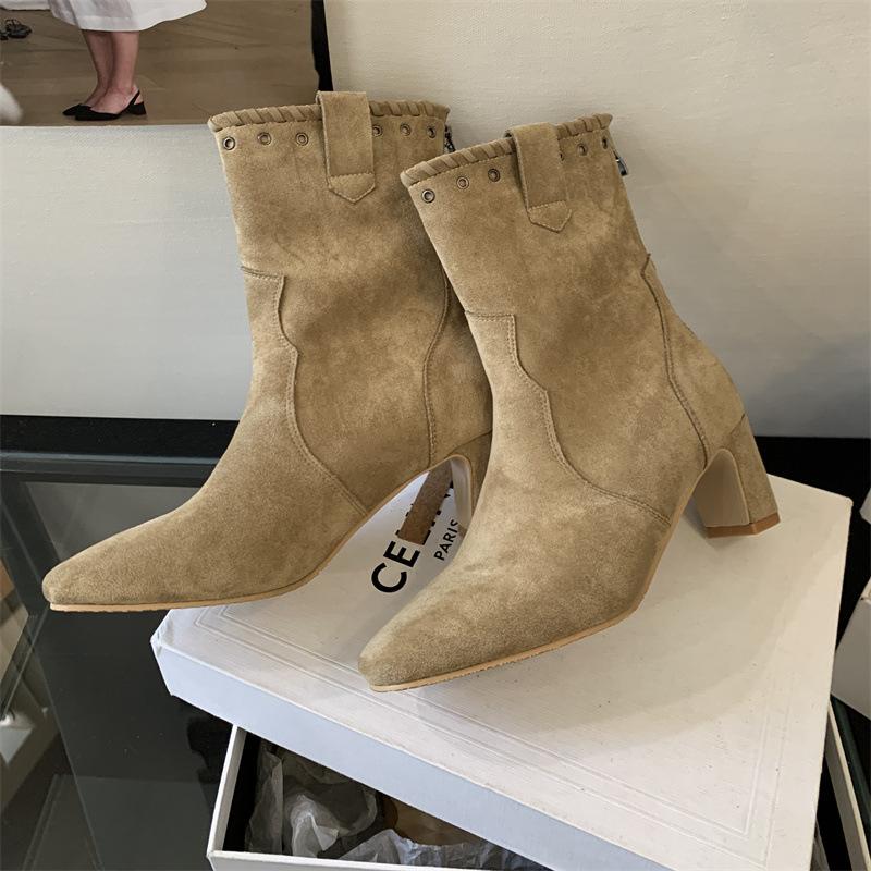 

Good to wear thick heel suede thin boots 2025 autumn and winter new temperament high heel rivet short boots fashion single boots 39 хаки