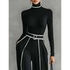 Women S Elegant Stand Collar Contrast Trim Waist Slimming 1 2 Sleeve Knit Wide Leg Pants Two Piece Set