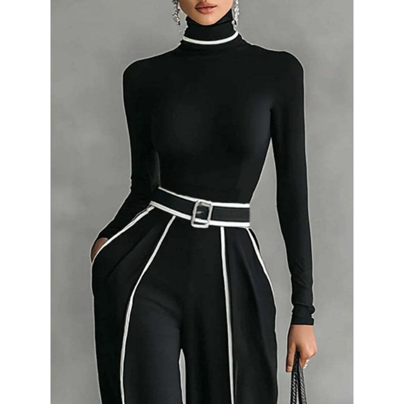 Women S Elegant Stand Collar Contrast Trim Waist Slimming 1 2 Sleeve Knit Wide Leg Pants Two Piece Set