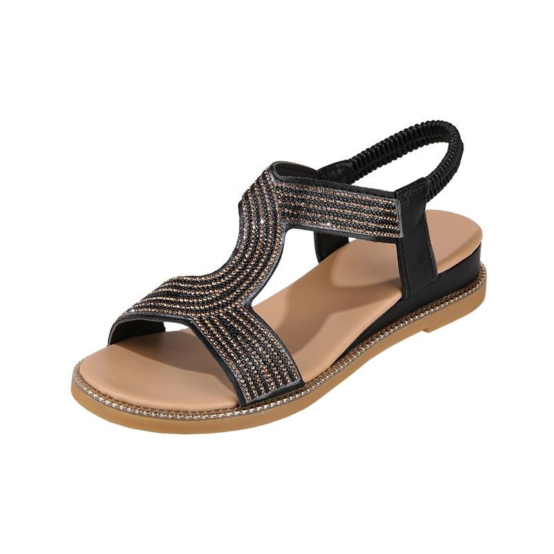 Women s Rhinestone Peep Toe Roman Sandals, Flat Sole Casual Beach Daily Footwear 35 чёрный