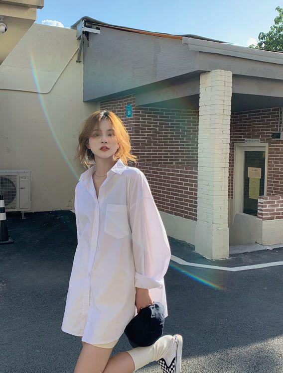 Women's Mid-Length Designer White Shirt Jacket, Thin Long-Sleeve, Loose Korean Style for Spring and Autumn