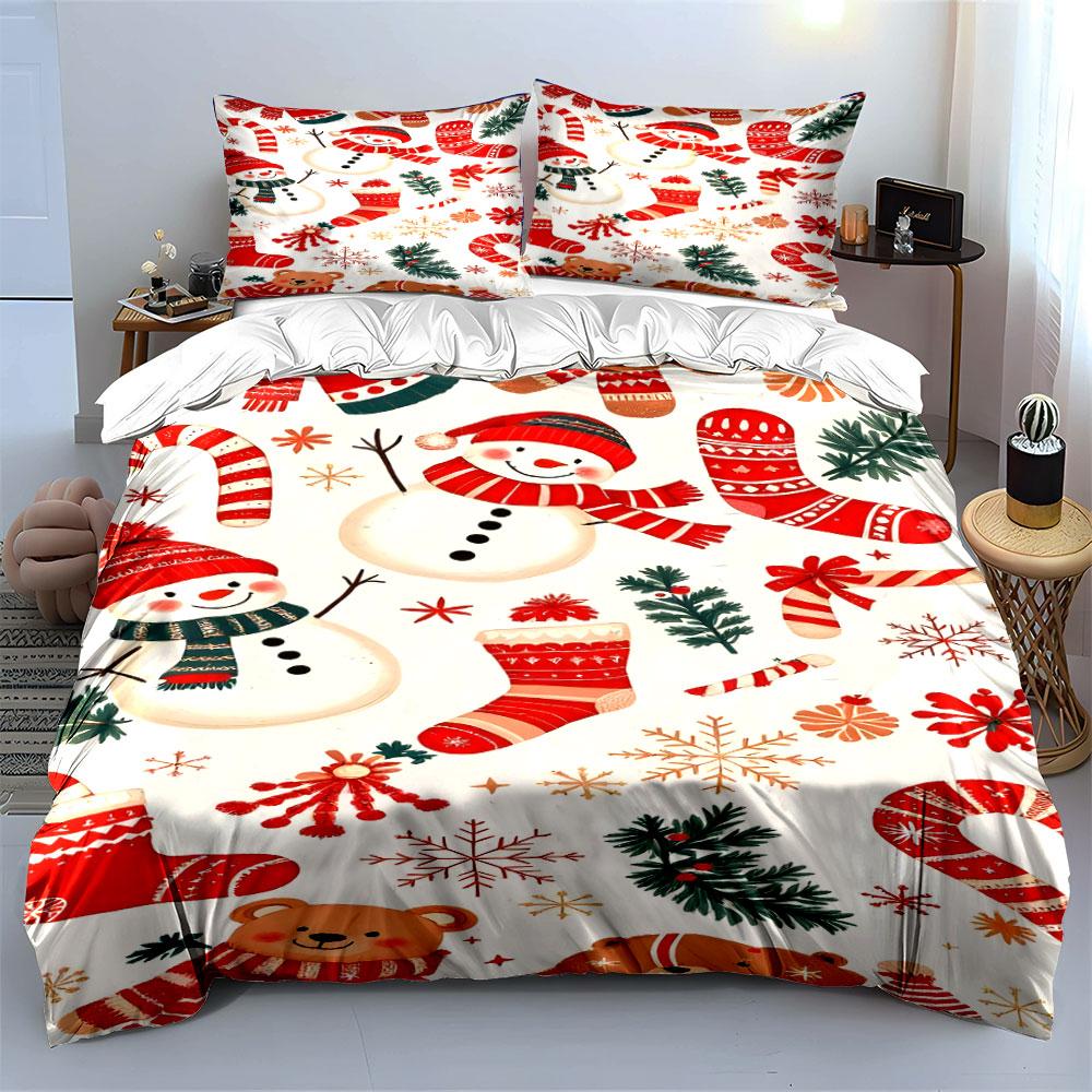Christmas Snowman and Bear Pattern Bedding Duvet Cover Set Duvet Cover Pillowcases (1*Duvet Cover 2*Pillowcases, without duvet insert)