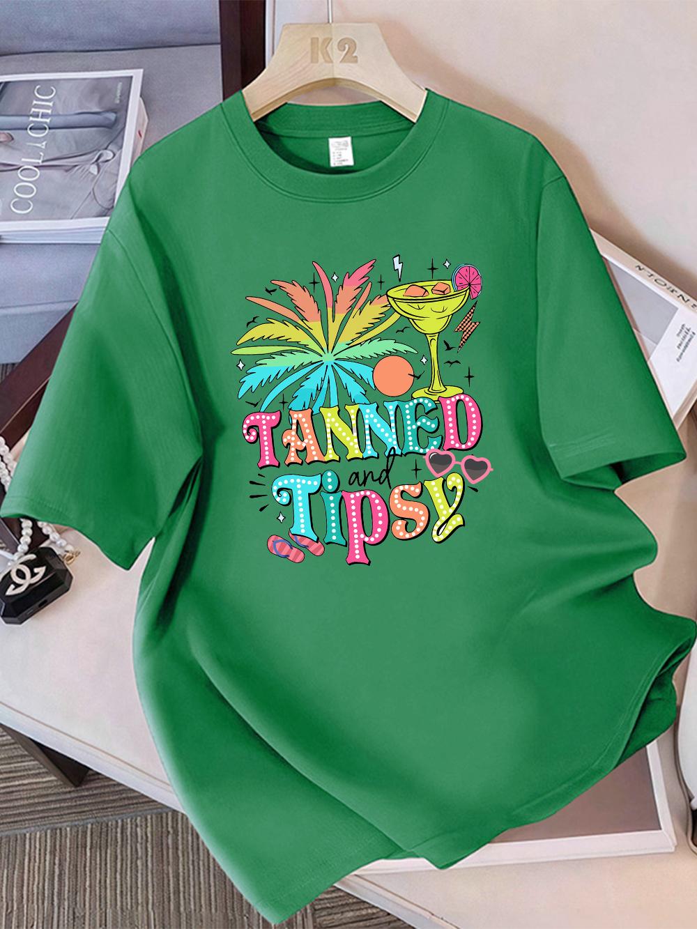 

Summer TShirts Women Cotton Tanned And Tipsy Beach Drinks Print Tops Loose ONeck Soft Comfortable Short Sleeve Basic Clothes 4XL