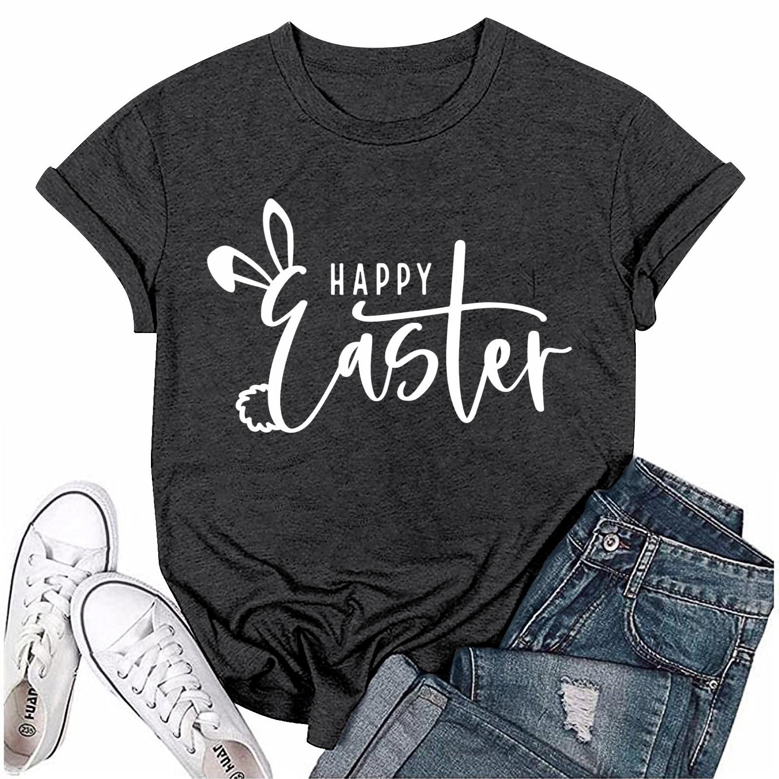 

Женская модная пасхальная принтованная повседневная плиссированная круглая футболка с коротким рукавом L чёрный