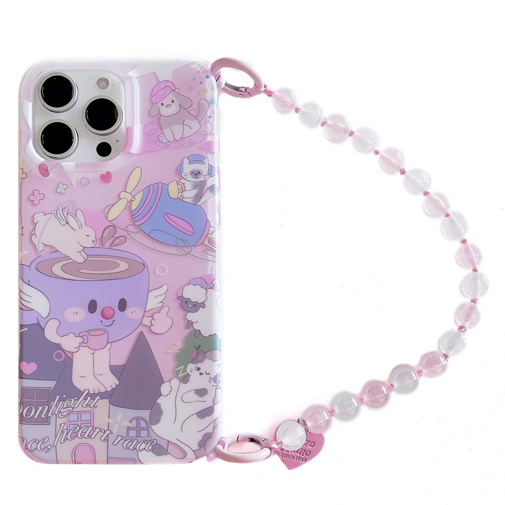 For iPhone 16 Pro Case IMD Cartoon Pattern TPU Phone Cover with Beaded Strap