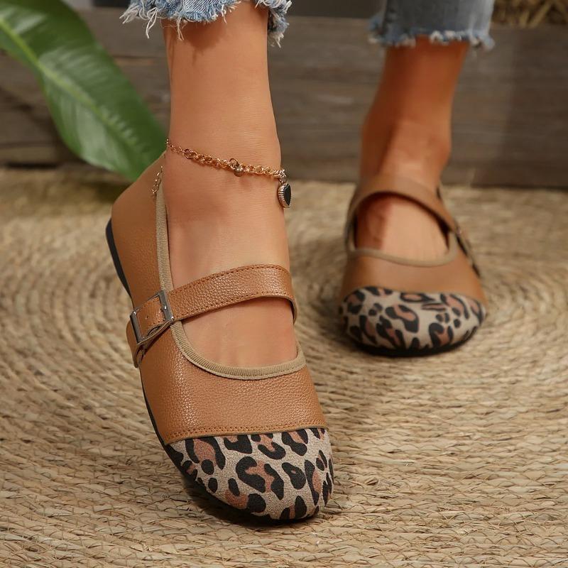 Leopard Mary Janes Women Shoes Flats 2025 New Round Toe Casual Breathable Retro Outdoor Flat Shoes Large Size 36-43