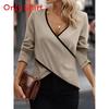 Pure Color V Neck Long Sleeve T Shirt For Women Fall Casual Style