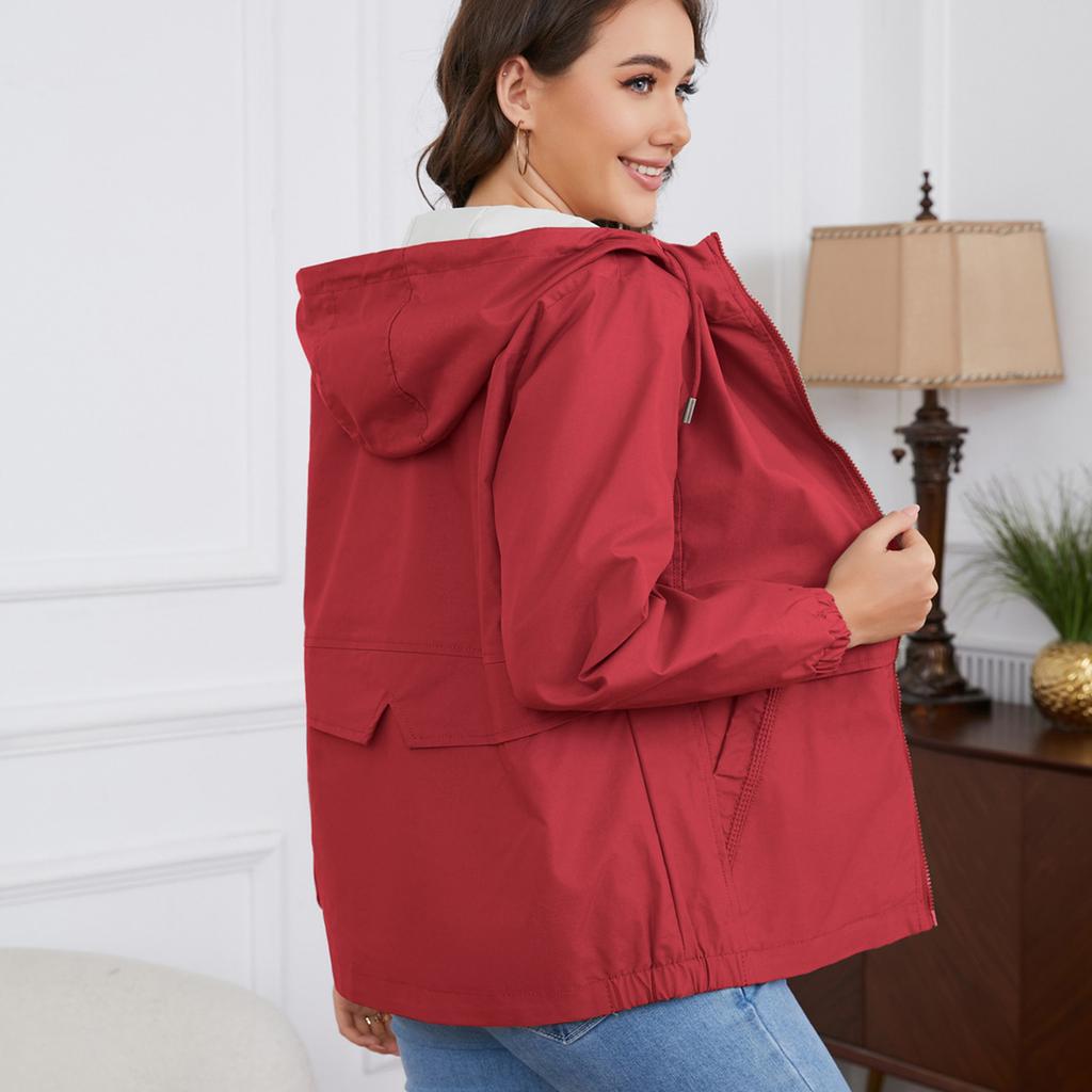 Women's Casual Color Hooded Windbreaker Jacket Long Sleeve for Outdoor Sports