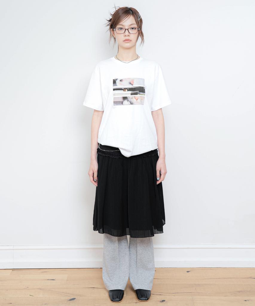 Dilleiopeu Lace-Point Layered Half-Banding Midi Skirt [Black]