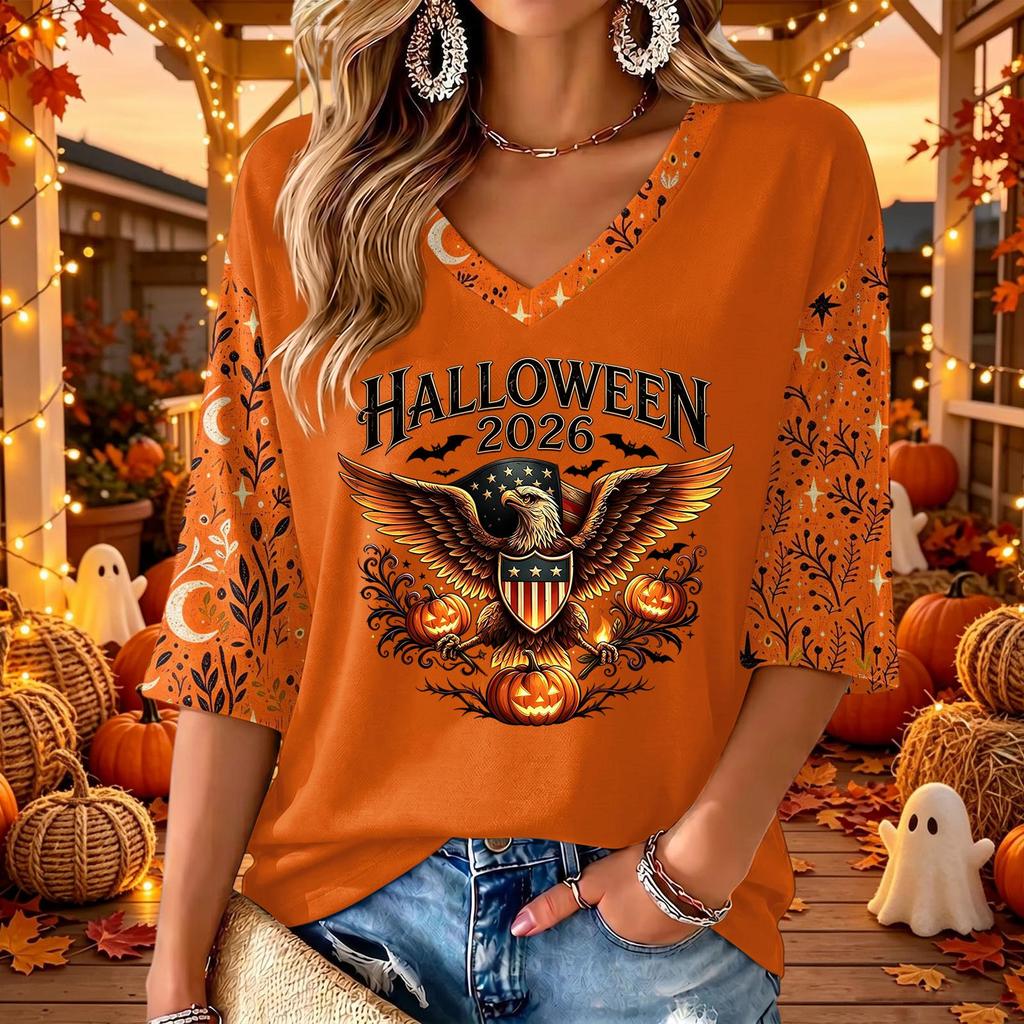 Women's Casual V-Neck Halloween Print Three-Quarter Sleeve Top