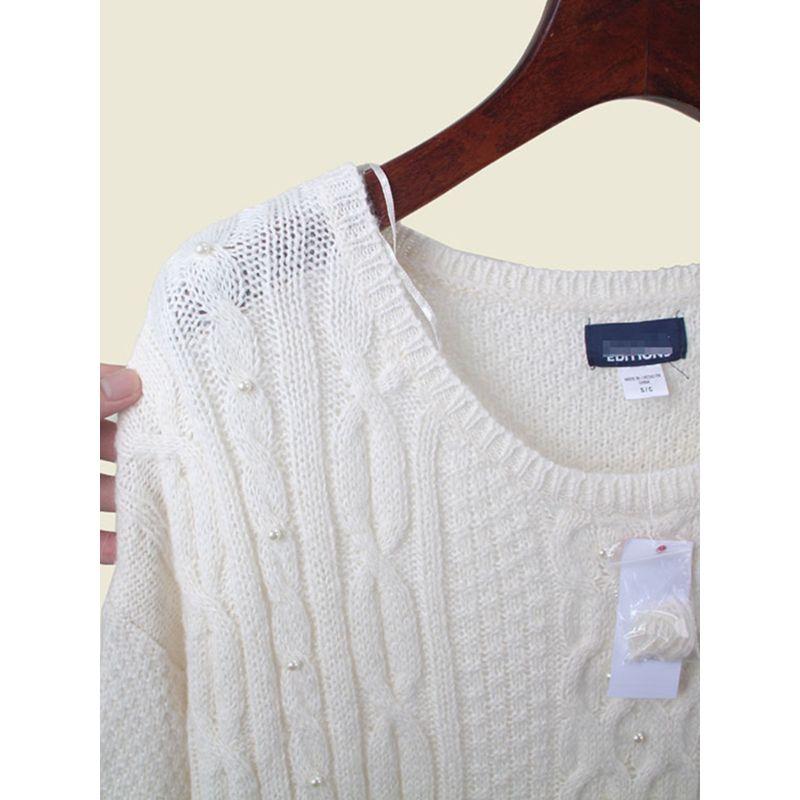 Low Round Neck Cable Stitch Long Sleeves Heattech Sweater Pearl Beaded Loose Version Export Women's Knitted Sweater