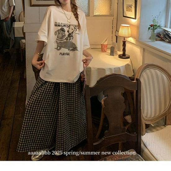 

London Bookstore Pure Cotton Plaid Wide-Leg Pants - Versatile, Elastic Waist, Loose Fit Large