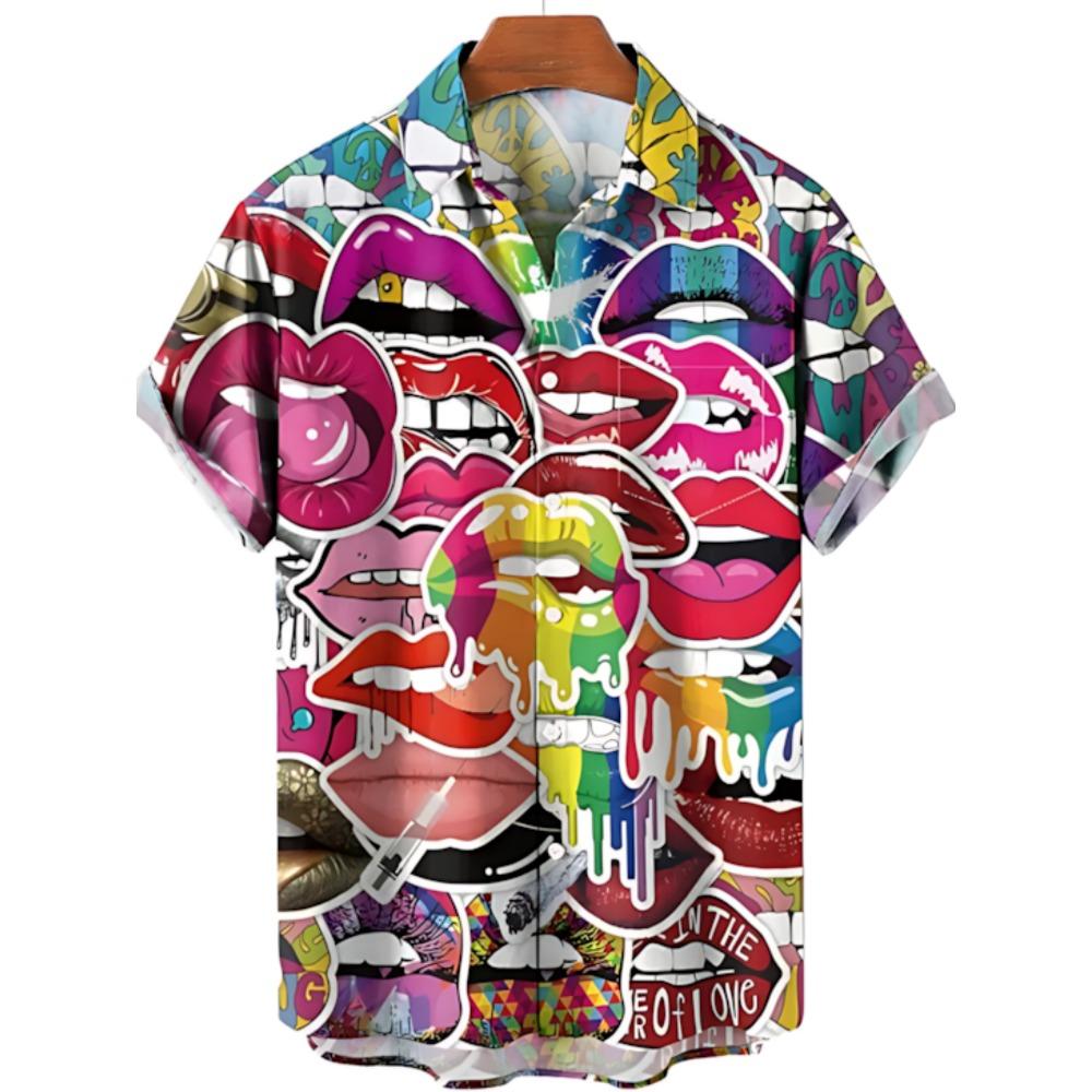 Cute Graffiti-style 3D Printed Casual Short-sleeved Men's Shirt, Summer Button-up Top