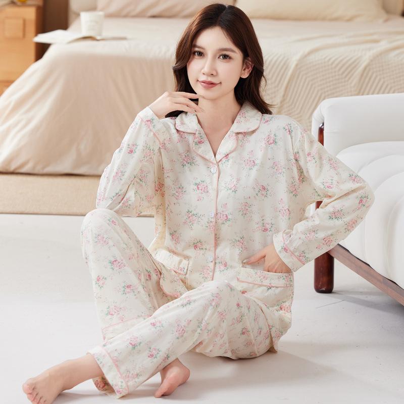 Baumwollimitat Pyjama Damen Frühling und Herbst sanfte Tulpen lange Ärmel große Größe mittel Mutter Loungewear Set