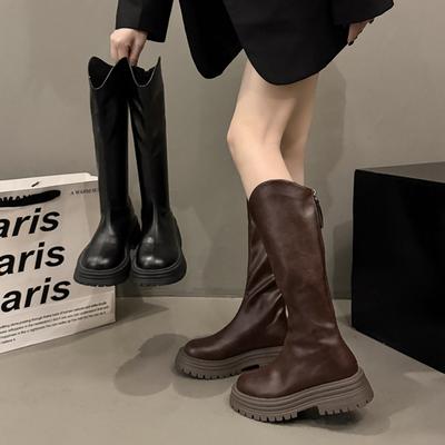Solid Color Temperament Retro British Style Thick Heel Platform Boots Women's 2025 New Autumn But Knee Knight Boots