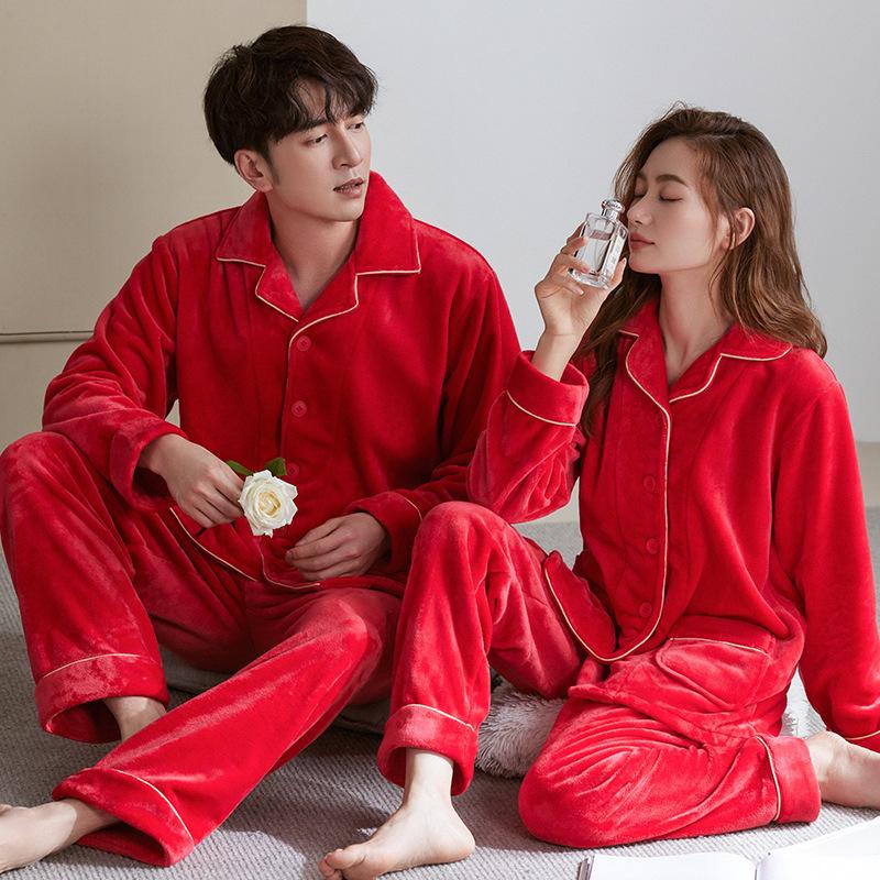 Hochzeitspaar Schlafanzug Herren und Damen Herbst und Winter Korallenfleece Verdickt und Fleece Rot Natal Jahr Hochzeit Loungewear Set