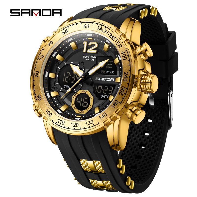 Sanda Men s Multi-Functional Waterproof Electronic Sports Watch with Steel and Silicone Band, Dual Display
