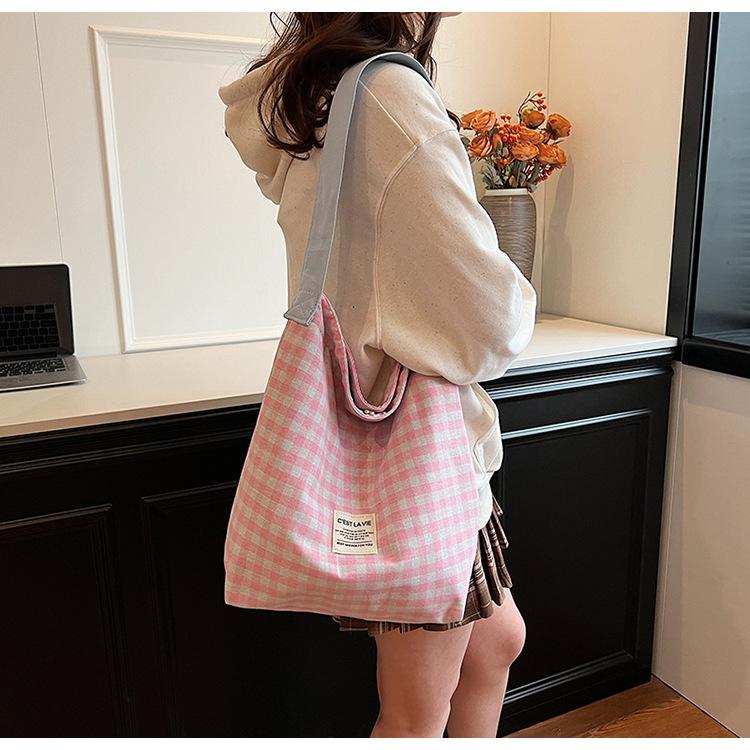 Women Contrast Color Lattice Magnetic Buckle Bucket Bag Leisure Canvas Cloth Shoulder Bags Tote Handbag