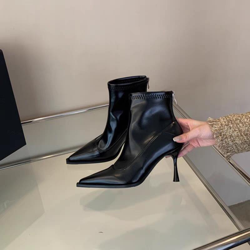 High Heel Short Boots Women's Korean Versatile Small Ankle Boots Skinny Boots French Black Pointed Boots