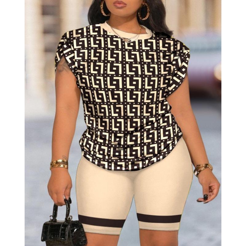 Women's Summer 2-piece Printed Round Neck Short-sleeved Shorts Suit