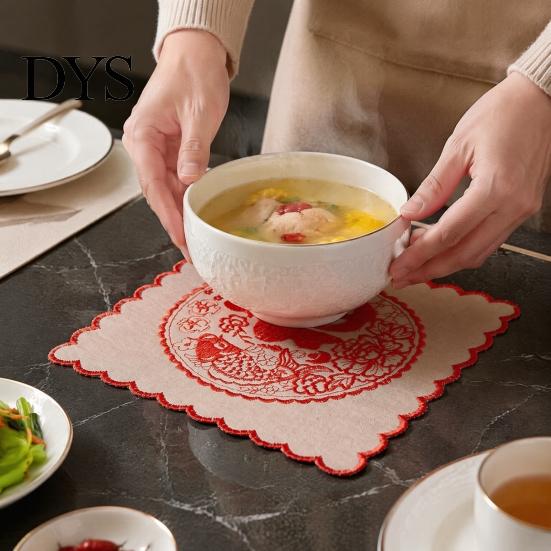 Insulated Hot Pot Pad 5Pcs Red Blessing Embroidered Doilies, Chinese Character Fabric Coaster, Square Decorative Tabletop Protection Mat Place