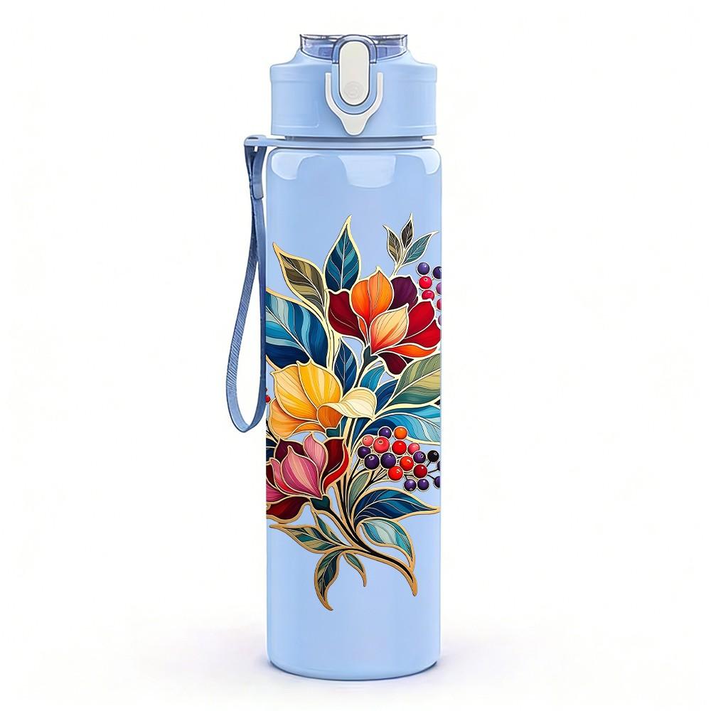 1PC Colorful Mixed Wild Bouquet Print 750ml Color Plastic Sports Water Bottle Leakproof Flip Straw Lid Suitable for Sports Office Home Use
