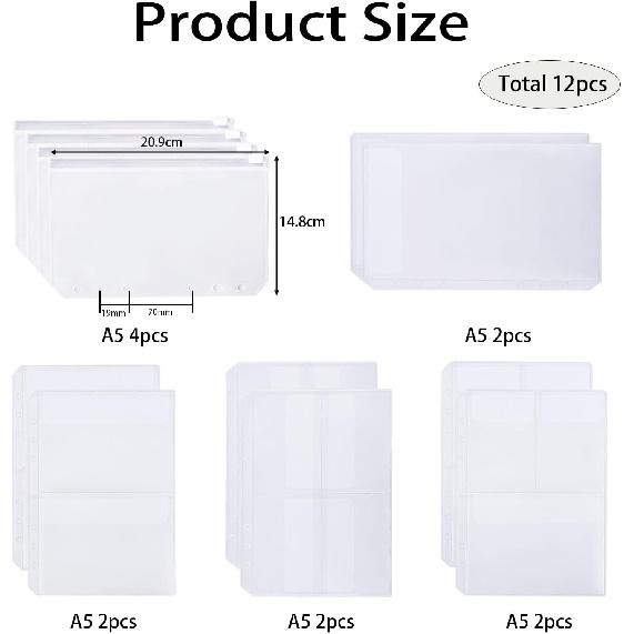 A5 PVC Binder Pockets Set, 12 Pcs A5 Size Zipper Pouch & Binder Pockets for 6 Ring Binder, Waterproof PVC Pouch, Document & Cash Organization for