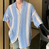 Summer Men Shirt Knitted Color Matching Lapel Elastic Japanese Style Single-breasted Short Sleeves Retro Antu-shrink Casual Vacation Beach Knitwear
