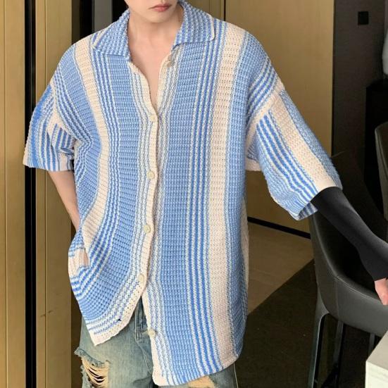Summer Men Shirt Knitted Color Matching Lapel Elastic Japanese Style Single-breasted Short Sleeves Retro Antu-shrink Casual Vacation Beach Knitwear